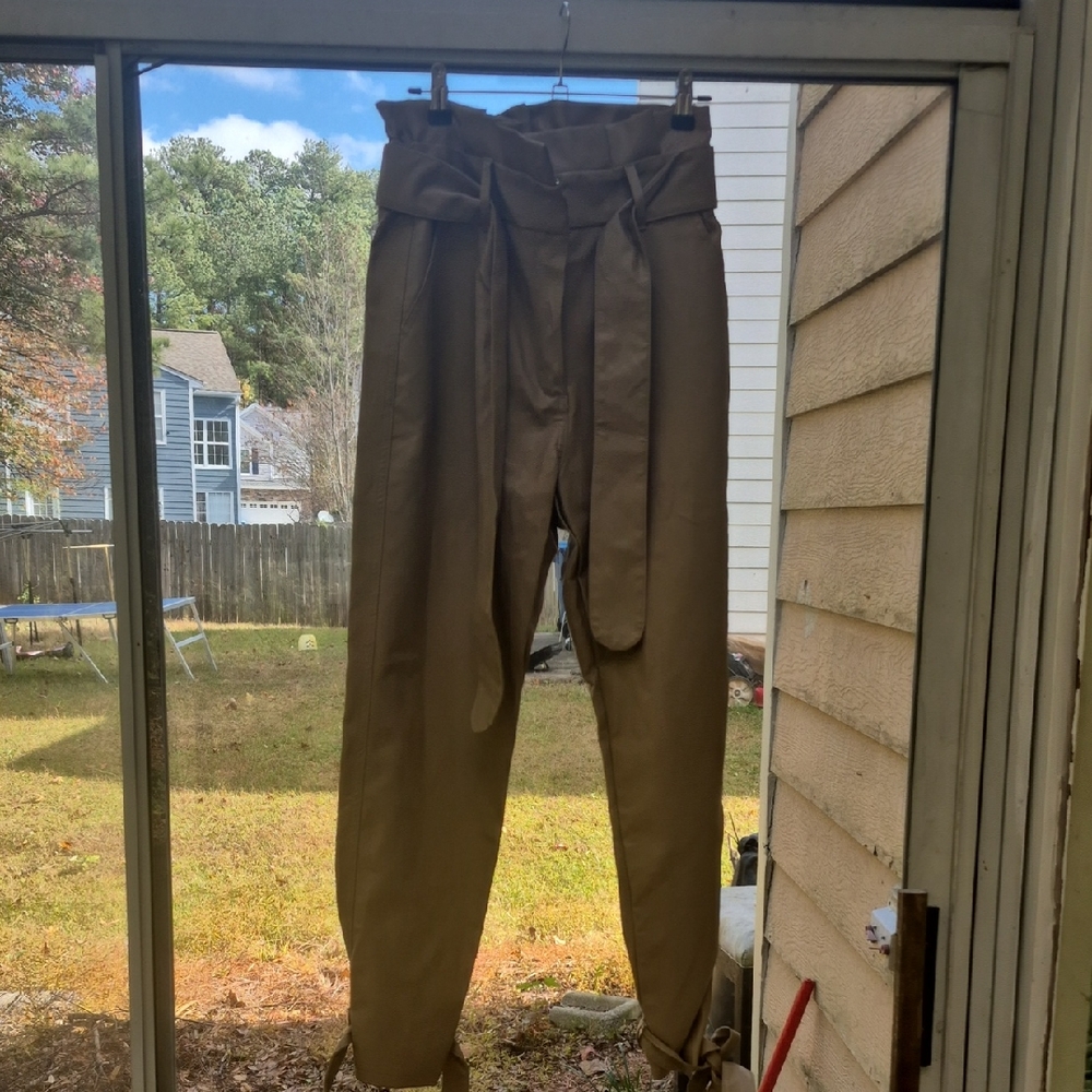 Nichole Lynel Tan Pleather High-Waisted Belted Pants